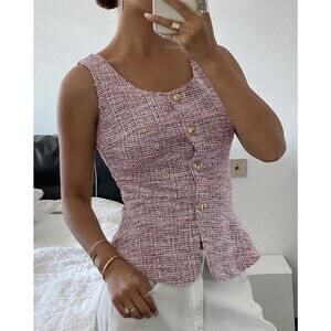 LIVESSO Pink Plaid Woven Button Front Scoop Neck Sleeveless Tank Top S